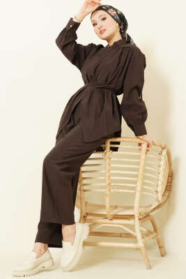 Asimetrik İp Kuşaklı Modal İkili Takım Acı Kahve - İkili Takım