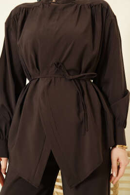 Asimetrik İp Kuşaklı Modal İkili Takım Acı Kahve - İkili Takım