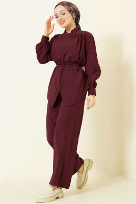 Asimetrik İp Kuşaklı Modal İkili Takım Bordo - MUSTİ