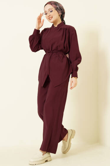 Asimetrik İp Kuşaklı Modal İkili Takım Bordo - İkili Takım
