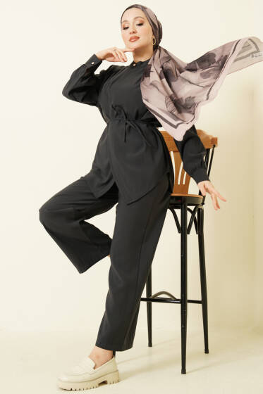 Asimetrik İp Kuşaklı Modal İkili Takım Füme - İkili Takım