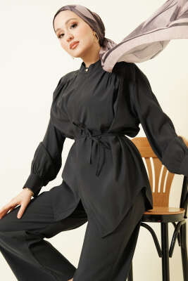 Asimetrik İp Kuşaklı Modal İkili Takım Füme - İkili Takım