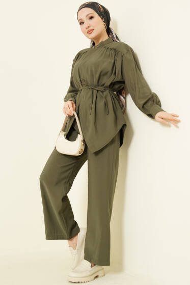 Asimetrik İp Kuşaklı Modal İkili Takım Haki - İkili Takım