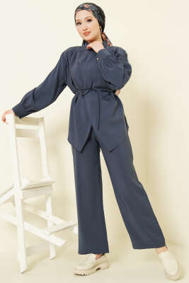 Asimetrik İp Kuşaklı Modal İkili Takım İndigo - MUSTİ