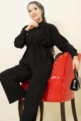 Asimetrik İp Kuşaklı Modal İkili Takım Siyah - MUSTİ