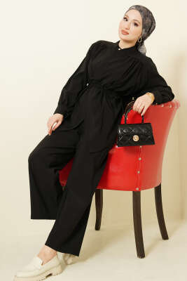 Asimetrik İp Kuşaklı Modal İkili Takım Siyah - İkili Takım