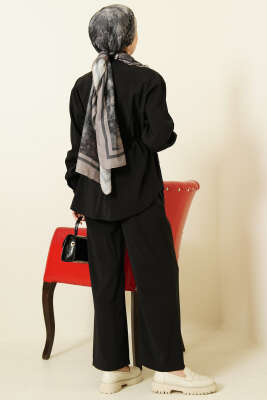 Asimetrik İp Kuşaklı Modal İkili Takım Siyah - İkili Takım