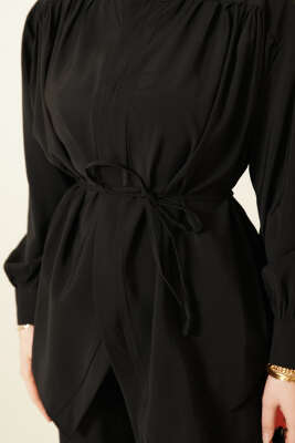 Asimetrik İp Kuşaklı Modal İkili Takım Siyah - İkili Takım