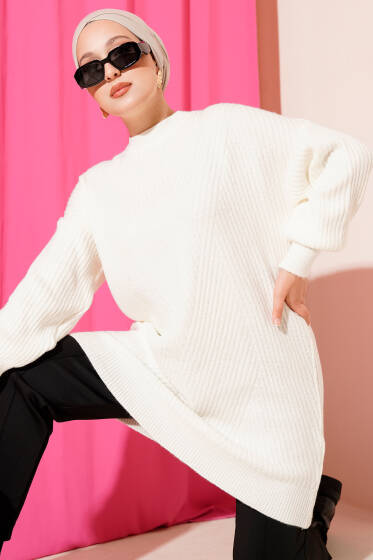 Asimetrik Kabartma Çizgili Triko Tunik Ekru - Tunik