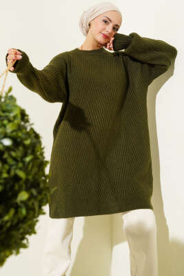 Asimetrik Kabartma Çizgili Triko Tunik Haki 