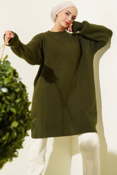 Asimetrik Kabartma Çizgili Triko Tunik Haki - Tunik