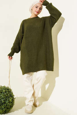 Asimetrik Kabartma Çizgili Triko Tunik Haki - Tunik