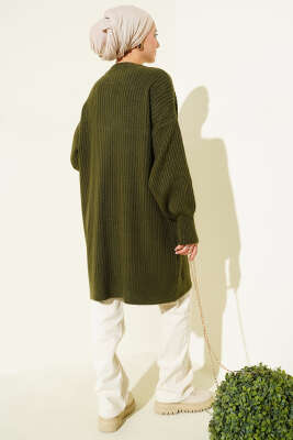 Asimetrik Kabartma Çizgili Triko Tunik Haki - Tunik