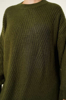 Asimetrik Kabartma Çizgili Triko Tunik Haki - Tunik