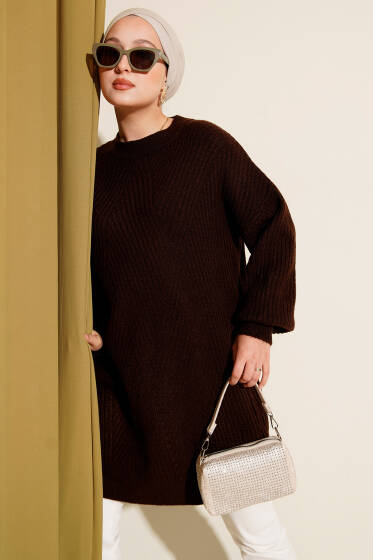 Asimetrik Kabartma Çizgili Triko Tunik Kahve - Tunik