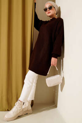 Asimetrik Kabartma Çizgili Triko Tunik Kahve - Tunik