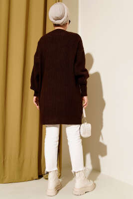 Asimetrik Kabartma Çizgili Triko Tunik Kahve - Tunik