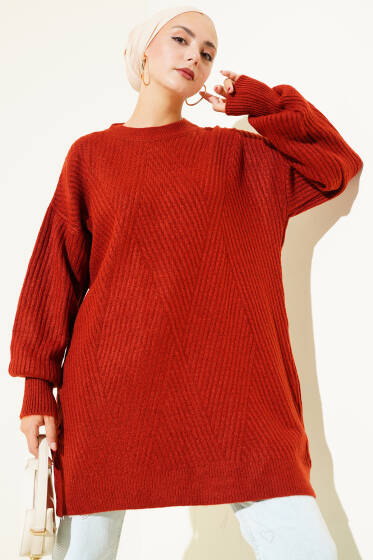 Asimetrik Kabartma Çizgili Triko Tunik Kiremit - Triko Tunik