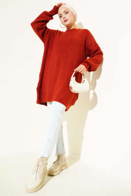 Asimetrik Kabartma Çizgili Triko Tunik Kiremit - Tunik