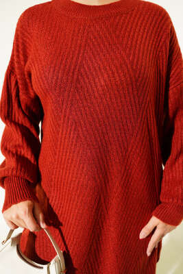 Asimetrik Kabartma Çizgili Triko Tunik Kiremit - Tunik