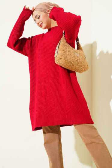Asimetrik Kabartma Çizgili Triko Tunik Kırmızı - Tunik