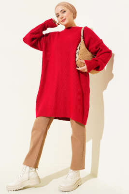 Asimetrik Kabartma Çizgili Triko Tunik Kırmızı - Tunik