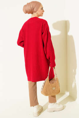 Asimetrik Kabartma Çizgili Triko Tunik Kırmızı - Tunik