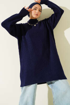 Asimetrik Kabartma Çizgili Triko Tunik Lacivert - VANİZA TRİKO