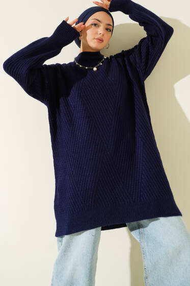 Asimetrik Kabartma Çizgili Triko Tunik Lacivert - Tunik
