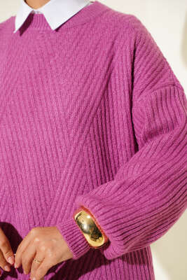 Asimetrik Kabartma Çizgili Triko Tunik Magenta - Tunik
