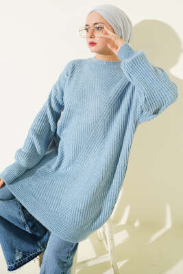 Asimetrik Kabartma Çizgili Triko Tunik Mavi 