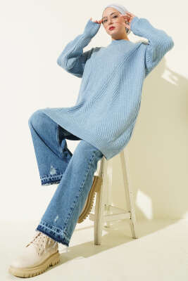 Asimetrik Kabartma Çizgili Triko Tunik Mavi - Tunik