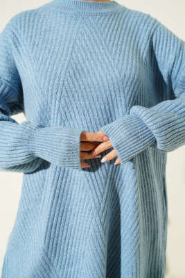 Asimetrik Kabartma Çizgili Triko Tunik Mavi - Tunik