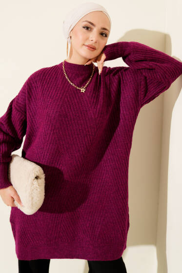 Asimetrik Kabartma Çizgili Triko Tunik Menekşe - Tunik