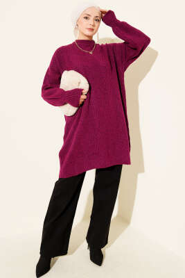 Asimetrik Kabartma Çizgili Triko Tunik Menekşe - Tunik