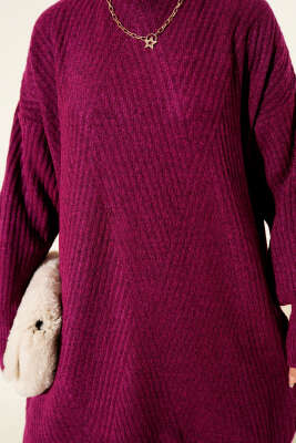 Asimetrik Kabartma Çizgili Triko Tunik Menekşe - Tunik