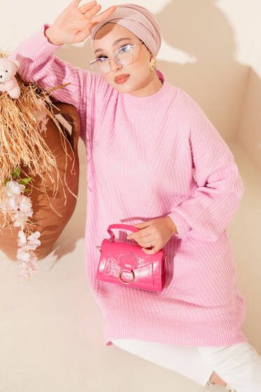 Asimetrik Kabartma Çizgili Triko Tunik Pembe - Tunik