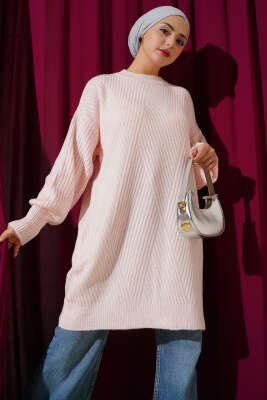 Asimetrik Kabartma Çizgili Triko Tunik Pudra 