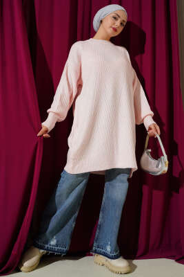 Asimetrik Kabartma Çizgili Triko Tunik Pudra - Tunik