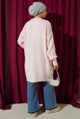 Asimetrik Kabartma Çizgili Triko Tunik Pudra - Tunik