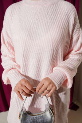 Asimetrik Kabartma Çizgili Triko Tunik Pudra - Tunik