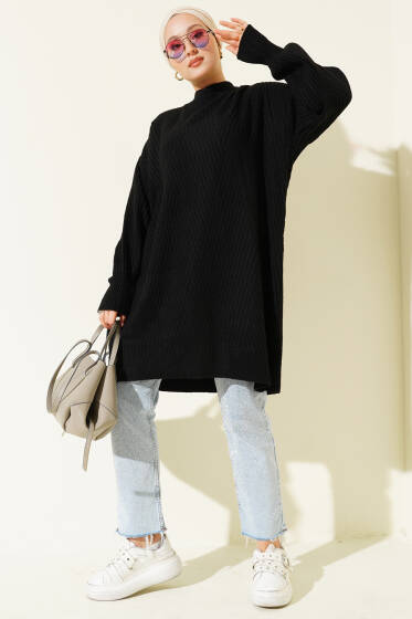 Asimetrik Kabartma Çizgili Triko Tunik Siyah - Tunik