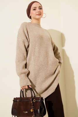 Asimetrik Kabartma Çizgili Triko Tunik Vizon 