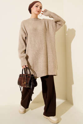 Asimetrik Kabartma Çizgili Triko Tunik Vizon - Günün Seçilenleri