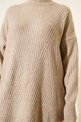 Asimetrik Kabartma Çizgili Triko Tunik Vizon - Günün Seçilenleri