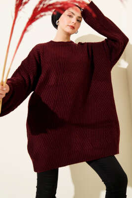 Asimetrik Kabartmalı Triko Tunik Bordo - VANİZA TRİKO