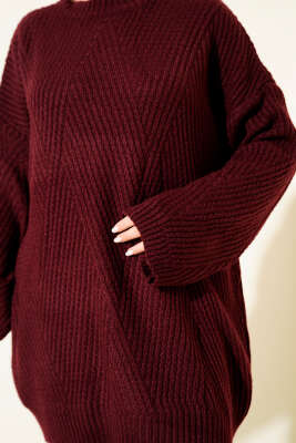 Asimetrik Kabartmalı Triko Tunik Bordo - Tunik