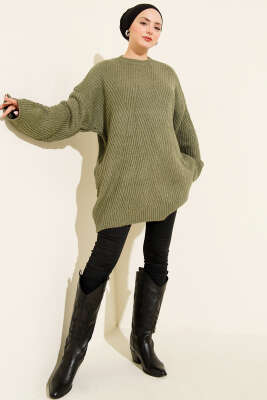 Asimetrik Kabartmalı Triko Tunik Çağla Yeşili - Tunik