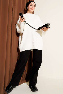 Asimetrik Kabartmalı Triko Tunik Ekru - Tunik