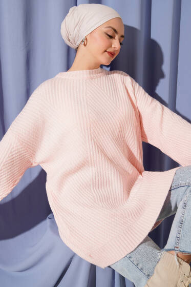 Asimetrik Kabartmalı Triko Tunik Pudra - Tunik